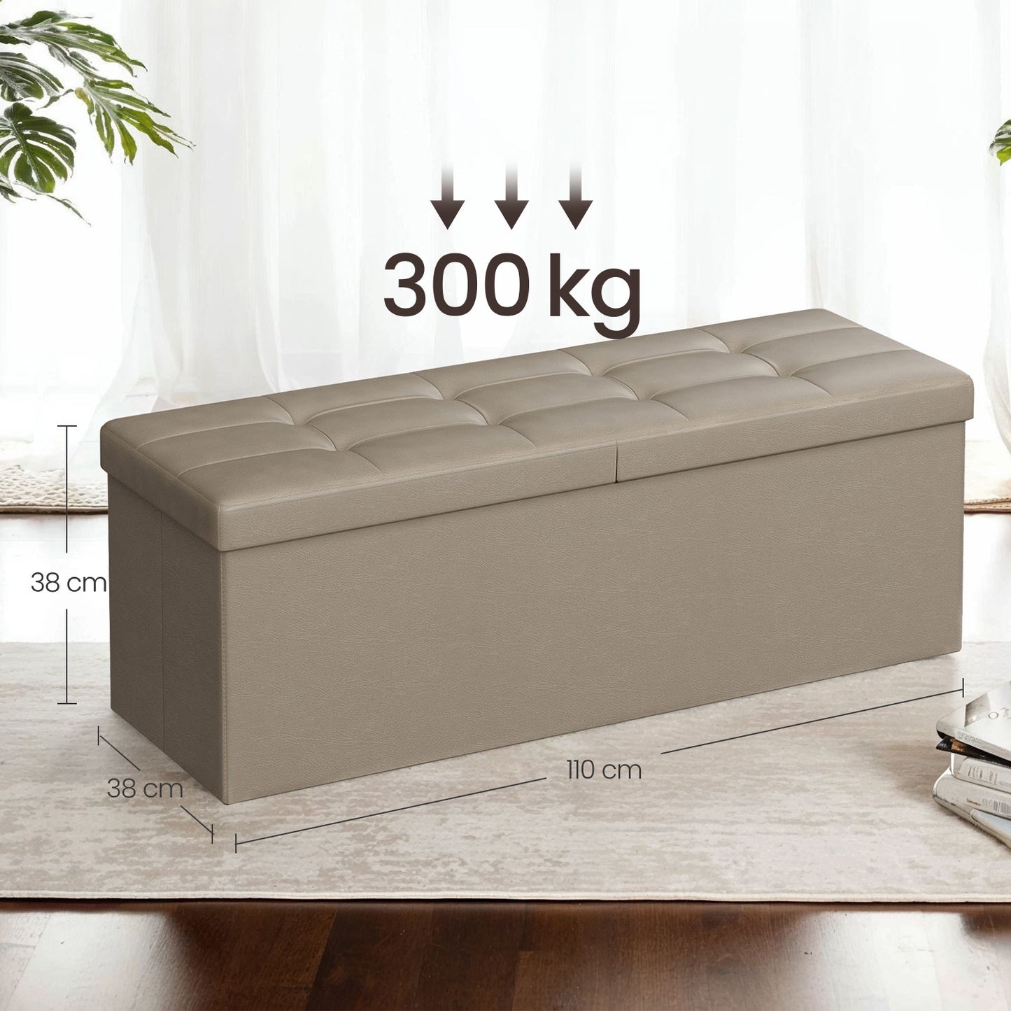 43" Foldable Storage Ottoman Bench with Removable Divider, 660 lb Capacity, for Living Room，Bedroom, Synthetic Leather, Camel Brown
