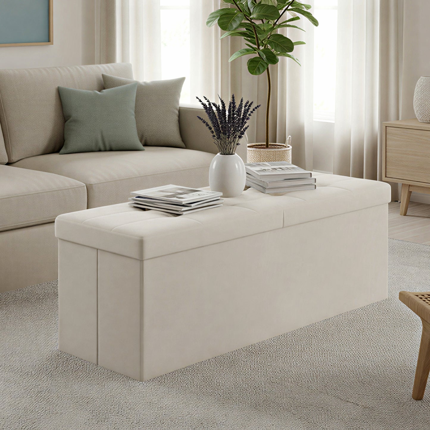 43-Inch Foldable Storage Ottoman Bench with Flipping Lid, Velvet Fabric, 35-Gallon Storage, 660 lb Capacity, Cappuccino Beige