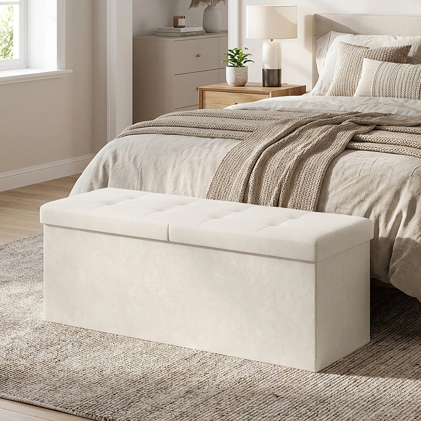 43-Inch Foldable Storage Ottoman Bench with Flipping Lid, Velvet Fabric, 35-Gallon Storage, 660 lb Capacity, Cappuccino Beige