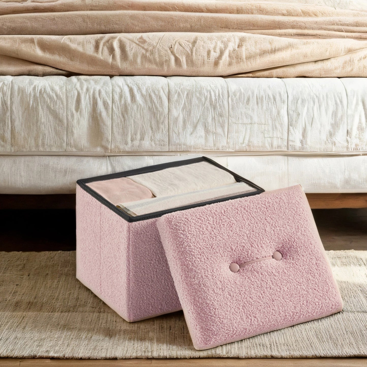 Folding Storage Ottoman Footstool with Lid, Teddy Fleece Upholstered Seat, Collapsible Ottoman Box for Living Room Bedroom Dorm, Small Size, Jelly Pink