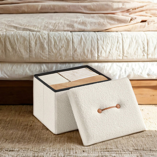 Folding Storage Ottoman with Cushion, Small Footrest Stool, 8-Gallon Storage, Easy Setup, Versatile Seating for Living Room & Bedroom, Cream White
