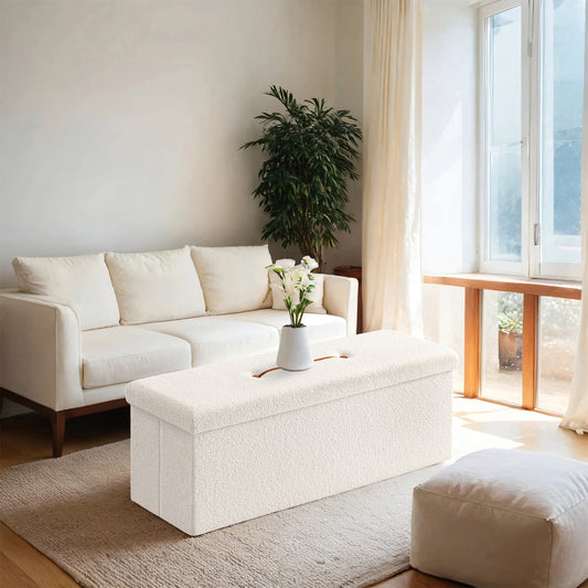 Storage Ottoman Bench - 660lb Capacity, 35-Gallon Storage, Foldable Design, Multi-Functional Footrest/Seat, Cream White