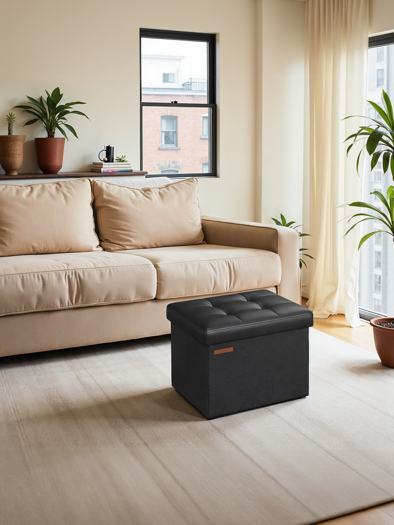 Folding Storage Ottoman Footstool, 12.2 x 16.1 Inch Cube Footrest with 286 lb Capacity for Living Room and Bedroom, Ink Black