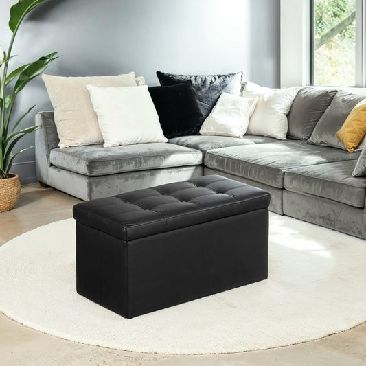Folding Storage Ottoman Bench, 660 lb Capacity Multipurpose Footrest Stool with 24 Gallon Storage, 30 Inch, Black Synthetic Leather
