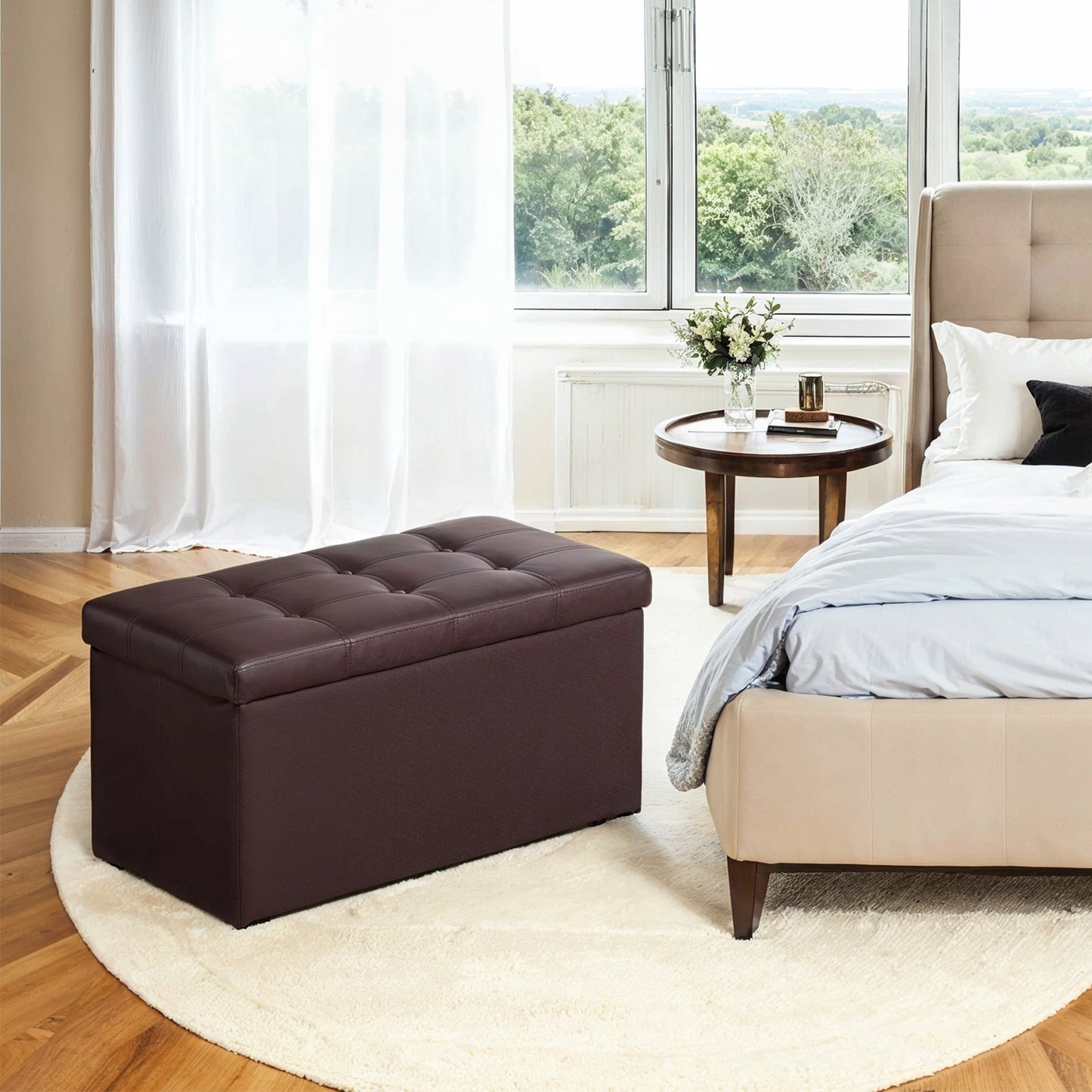 Folding Storage Ottoman Bench, 30-Inch Synthetic Leather Seat with 660 lb Load Capacity, Thick Foam Padding, Multi-Use Footrest Chest, Brown