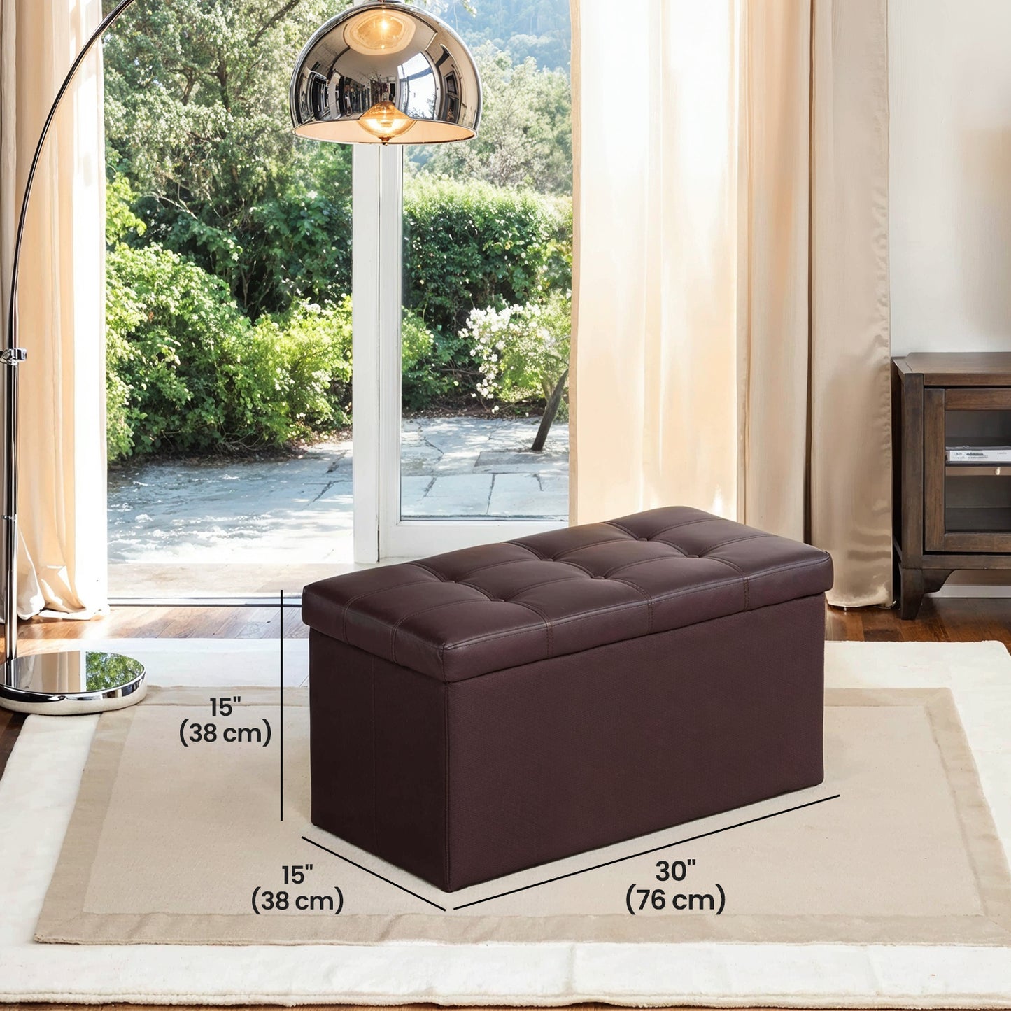 Folding Storage Ottoman Bench, 30-Inch Synthetic Leather Seat with 660 lb Load Capacity, Thick Foam Padding, Multi-Use Footrest Chest, Brown