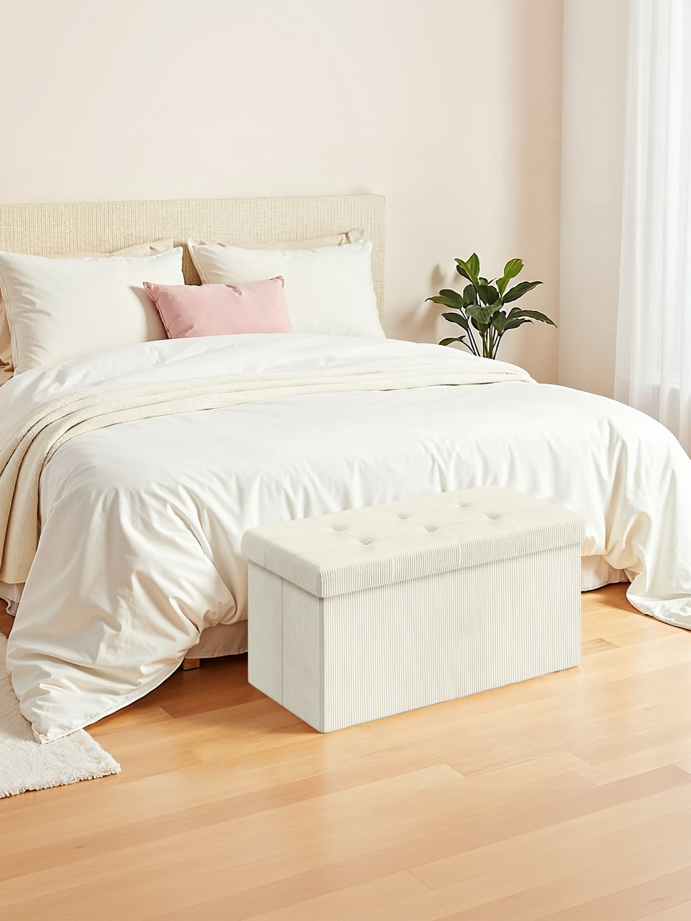 Storage Ottoman Bench, 15 x 30 Inch Foldable Footrest and End of Bed Storage Chest with 660 lb Capacity, Cream White