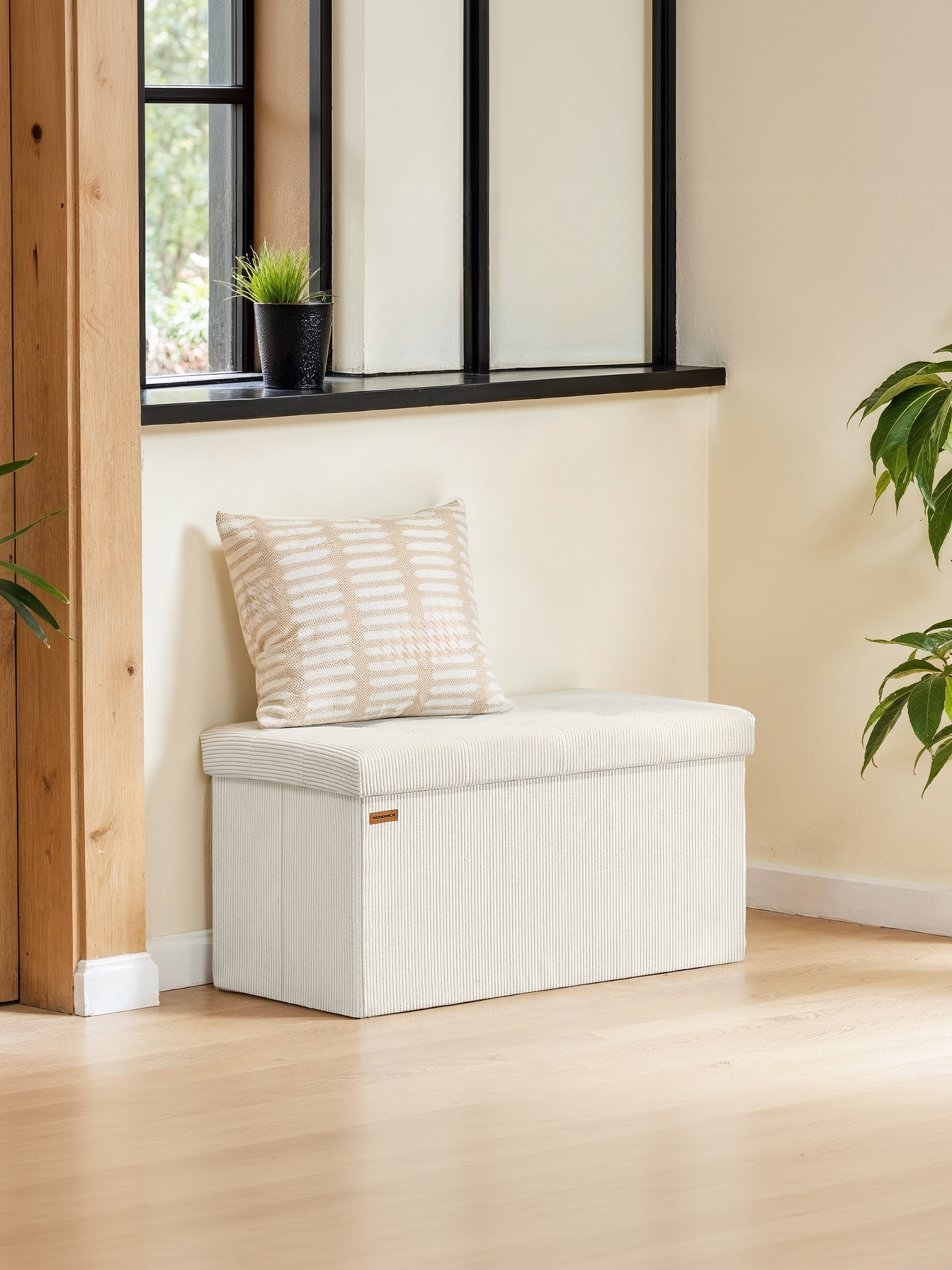 Storage Ottoman Bench, 15 x 30 Inch Foldable Footrest and End of Bed Storage Chest with 660 lb Capacity, Cream White