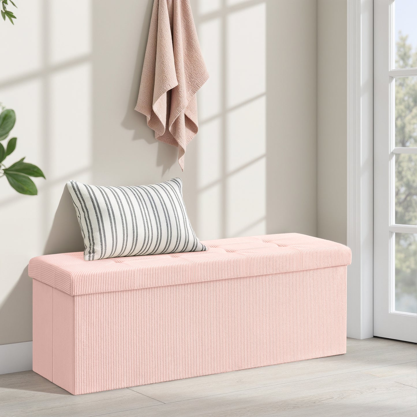 Storage Ottoman Bench, Foldable 43" Long with 35-Gallon Capacity, 660lb Weight Limit, Multi-Functional for Living Room/Bedroom, Jelly Pink