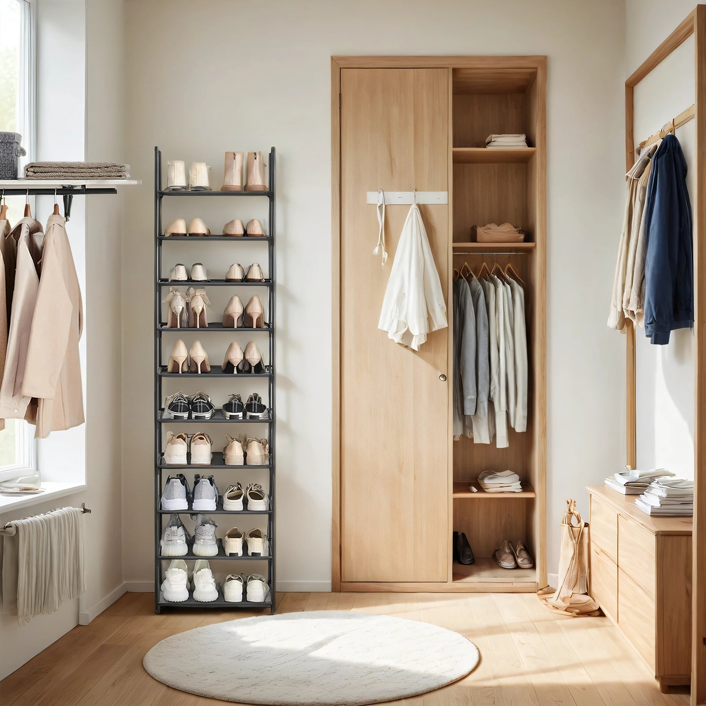 10-Tier Shoe Rack, Space-Saving Shoe Shelf Organizer, Sturdy Metal Frame & Non-Woven Shelves, for Entryway，Bedroom, Adjustable Height, Holds 30+ Pairs, Black