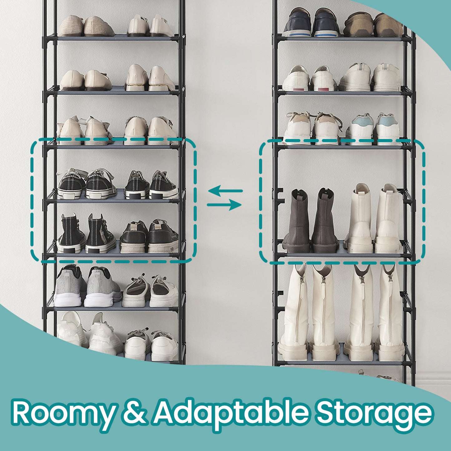 10-Tier Shoe Rack, Space-Saving Shoe Shelf Organizer, Sturdy Metal Frame & Non-Woven Fabric, Adjustable Shelves for Entryway, Bedroom, Living Room, Grey