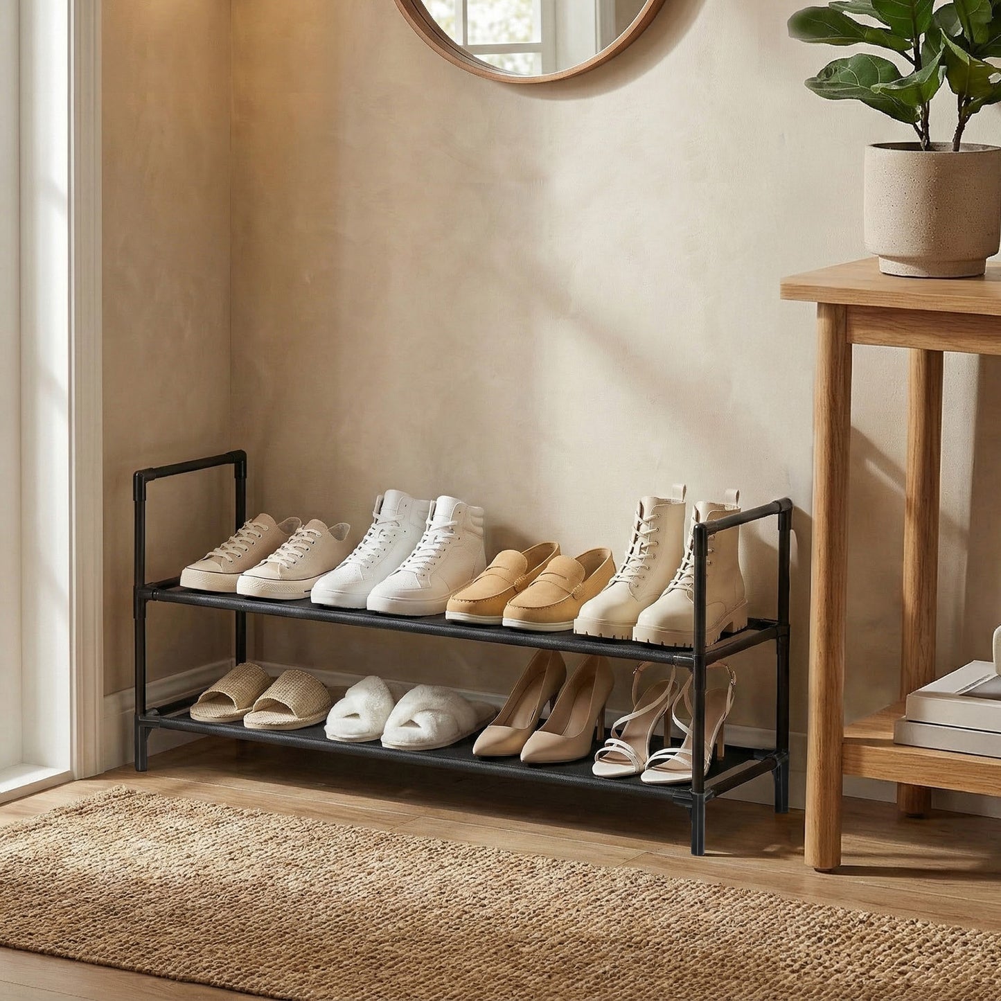 2-Tier Slim Shoe Rack, Space Saving Metal Frame Shoe Organizer with Non-Woven Fabric Shelves for Hallway and Closet, Black