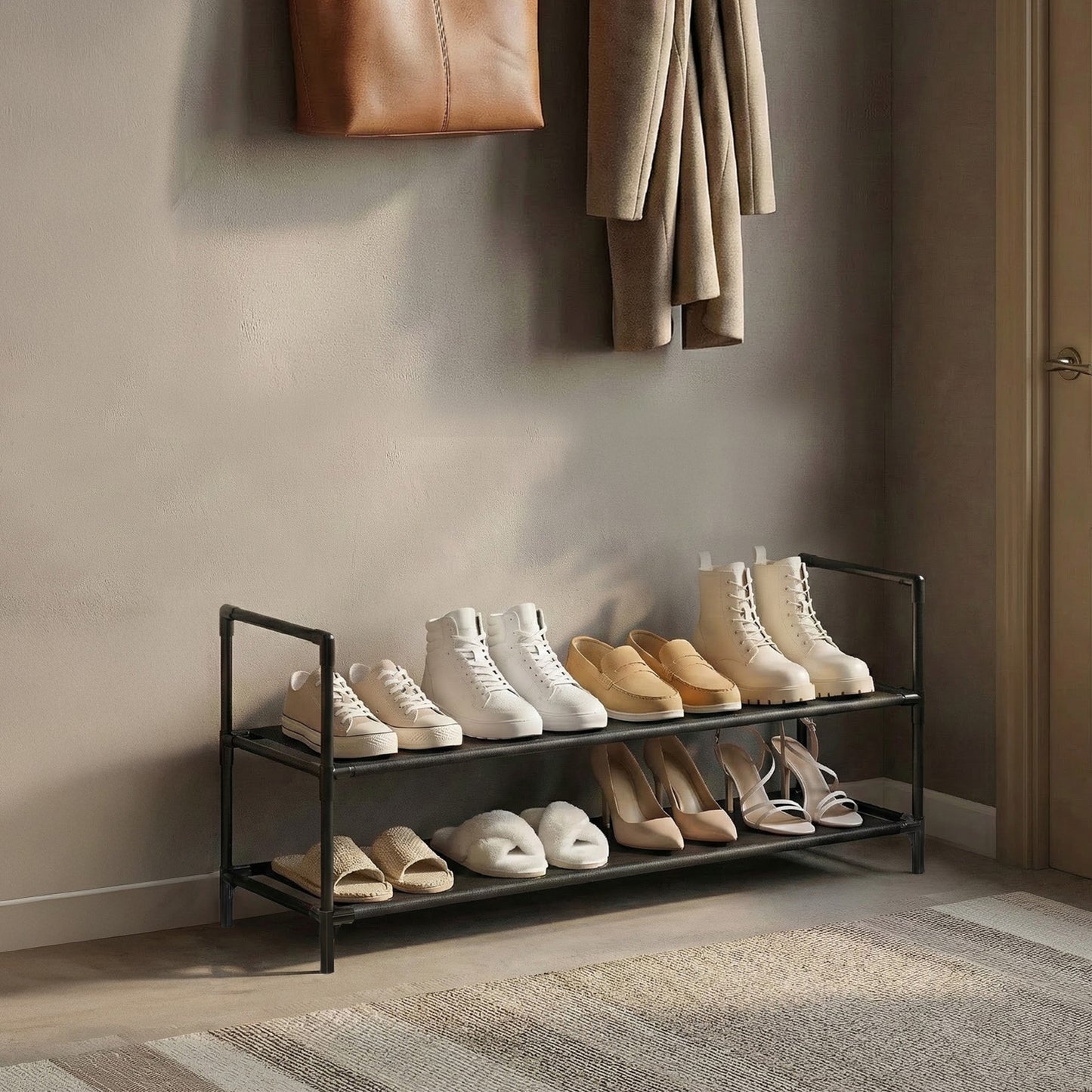 2-Tier Slim Shoe Rack, Space Saving Metal Frame Shoe Organizer with Non-Woven Fabric Shelves for Hallway and Closet, Black