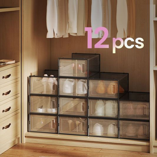 12-Pack Clear View Shoe Organizers - Stackable Plastic Storage Boxes for Closet, Fits Size 11, Easy Snap Assembly, Transparent and Black