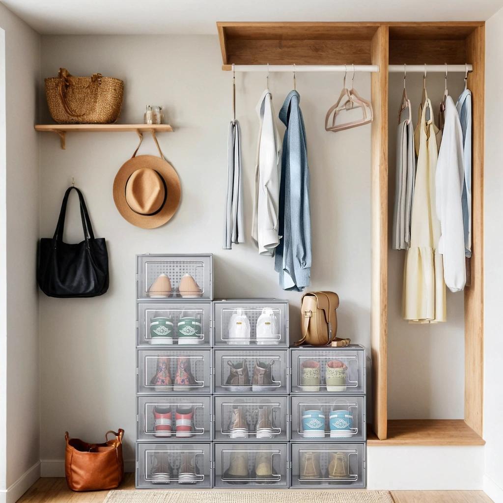 12-Pack Stackable Shoe Boxes - Clear Plastic Organizers with Ventilation, Fits Size 11, Foldable for Closet Storage, Transparent and Gray