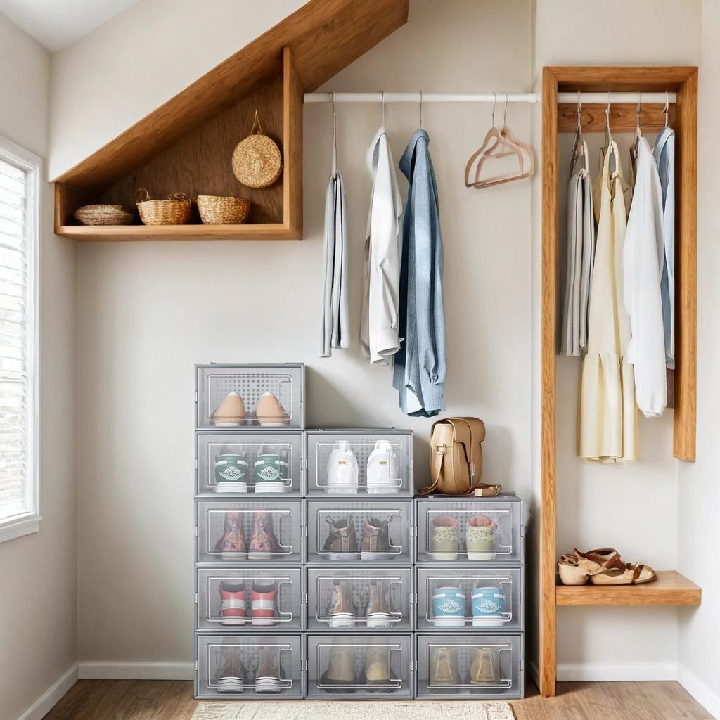 12-Pack Stackable Shoe Boxes - Clear Plastic Organizers with Ventilation, Fits Size 11, Foldable for Closet Storage, Transparent and Gray