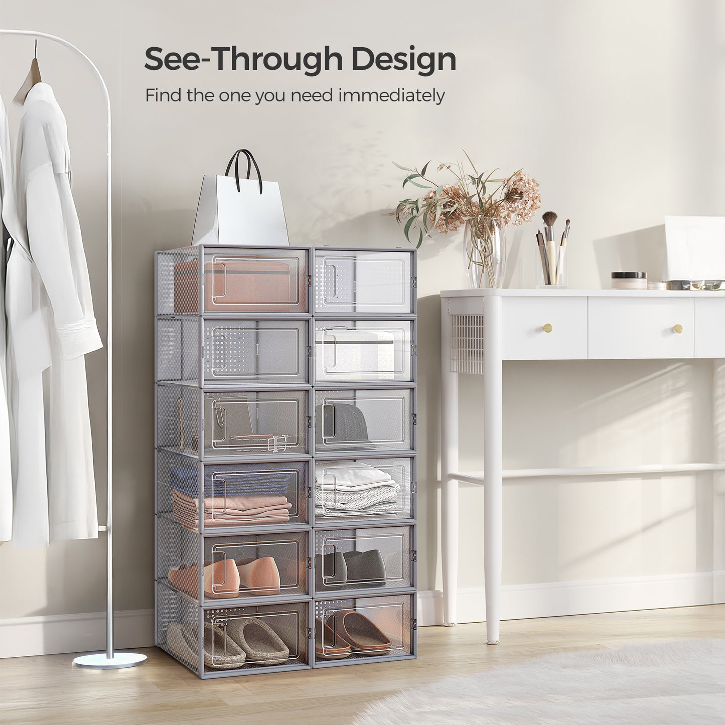 12-Pack Stackable Shoe Boxes - Clear Plastic Organizers with Ventilation, Fits Size 11, Foldable for Closet Storage, Transparent and Gray