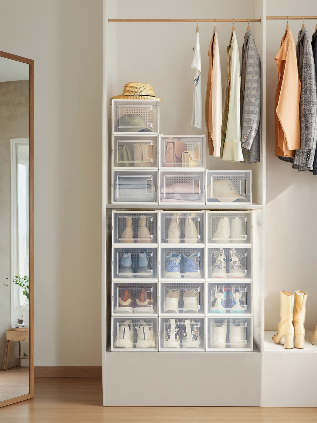 Pack of 15 Stackable Clear Shoe Boxes, Transparent and White Plastic Shoe Storage Organizers for Closet, 13.1 x 9.1 Inches