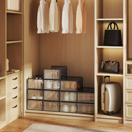 12-Pack Stackable Shoe Organizers with Clear Doors - Space-Saving Storage for Sneakers/Heels up to Size 11, Ventilated Design, Transparent and Charcoal Blue