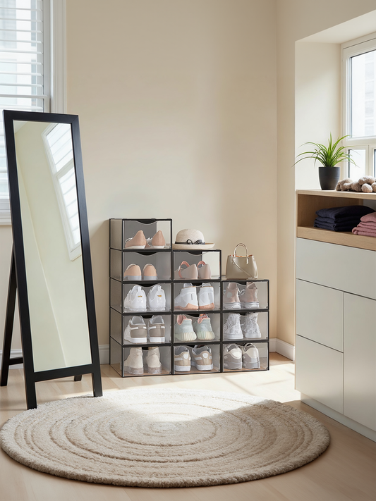 12 Pack Stackable Shoe Boxes, Transparent and Ink Black Plastic Shoe Storage Organizers for Closet, Sneaker Containers