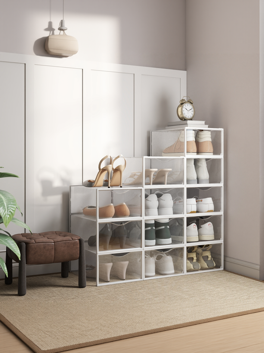 12 Pack Stackable Shoe Boxes, Transparent and Cloud White Plastic Shoe Storage Organizers for Closet, Sneaker Containers