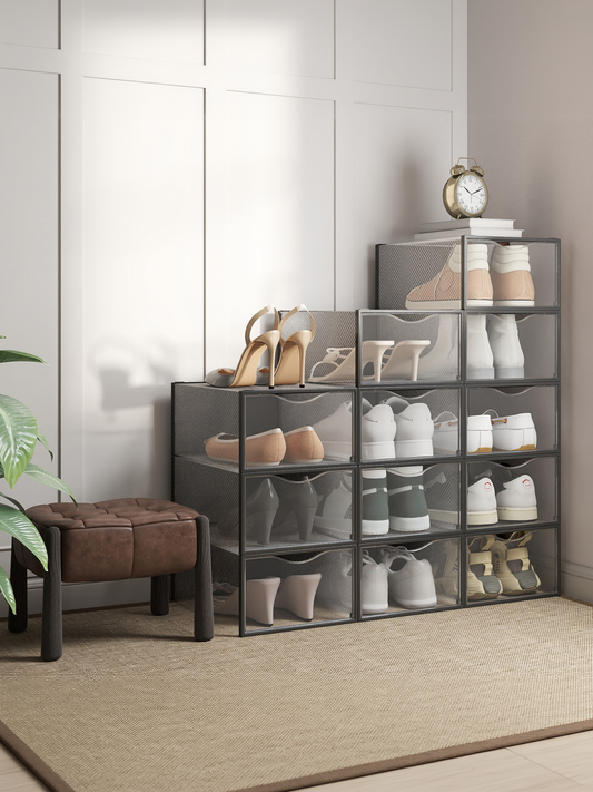 18 Pack Stackable Shoe Boxes, Transparent and Ink Black Plastic Shoe Storage Organizers for Closet, Sneaker Containers