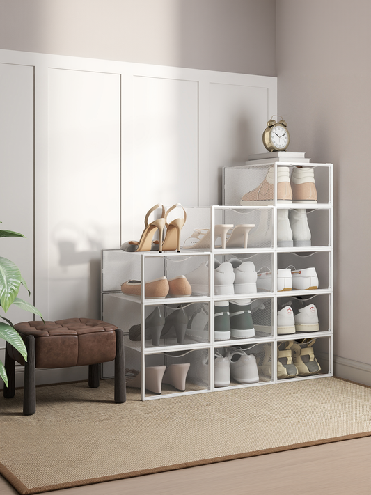 18 Pack Stackable Shoe Boxes, Transparent and Cloud White Plastic Shoe Storage Organizers for Closet, Sneaker Containers