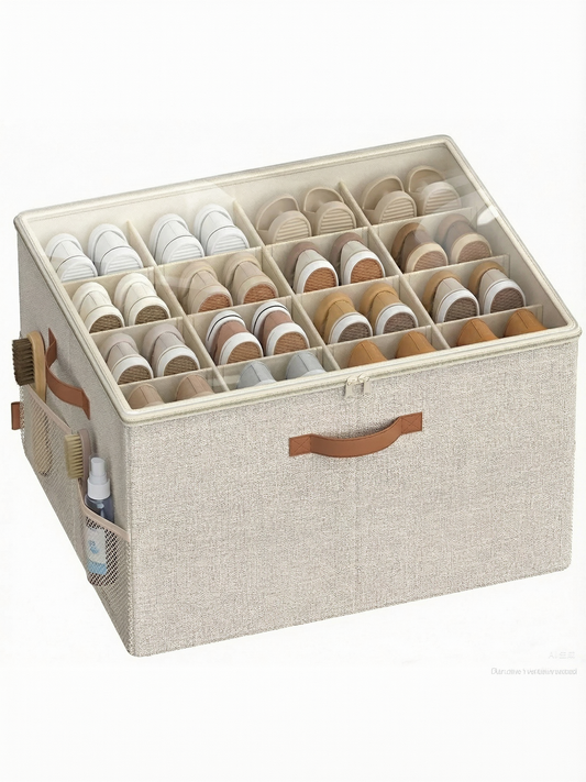 Shoe Storage Bin with Clear Cover, Adjustable Dividers Fabric Organizer for 16 Pairs of Shoes, Portable and Customizable, Cappuccino Beige