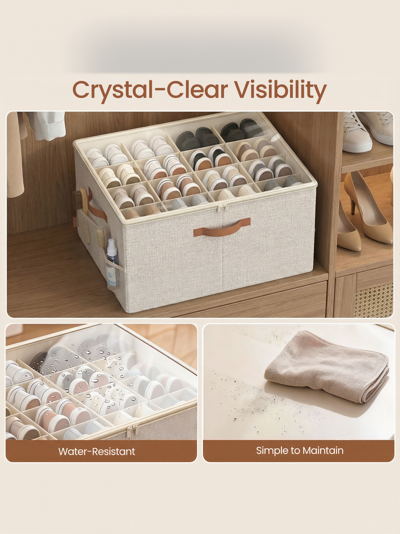 Shoe Storage Bin with Clear Cover, Adjustable Dividers Fabric Organizer for 16 Pairs of Shoes, Portable and Customizable, Cappuccino Beige