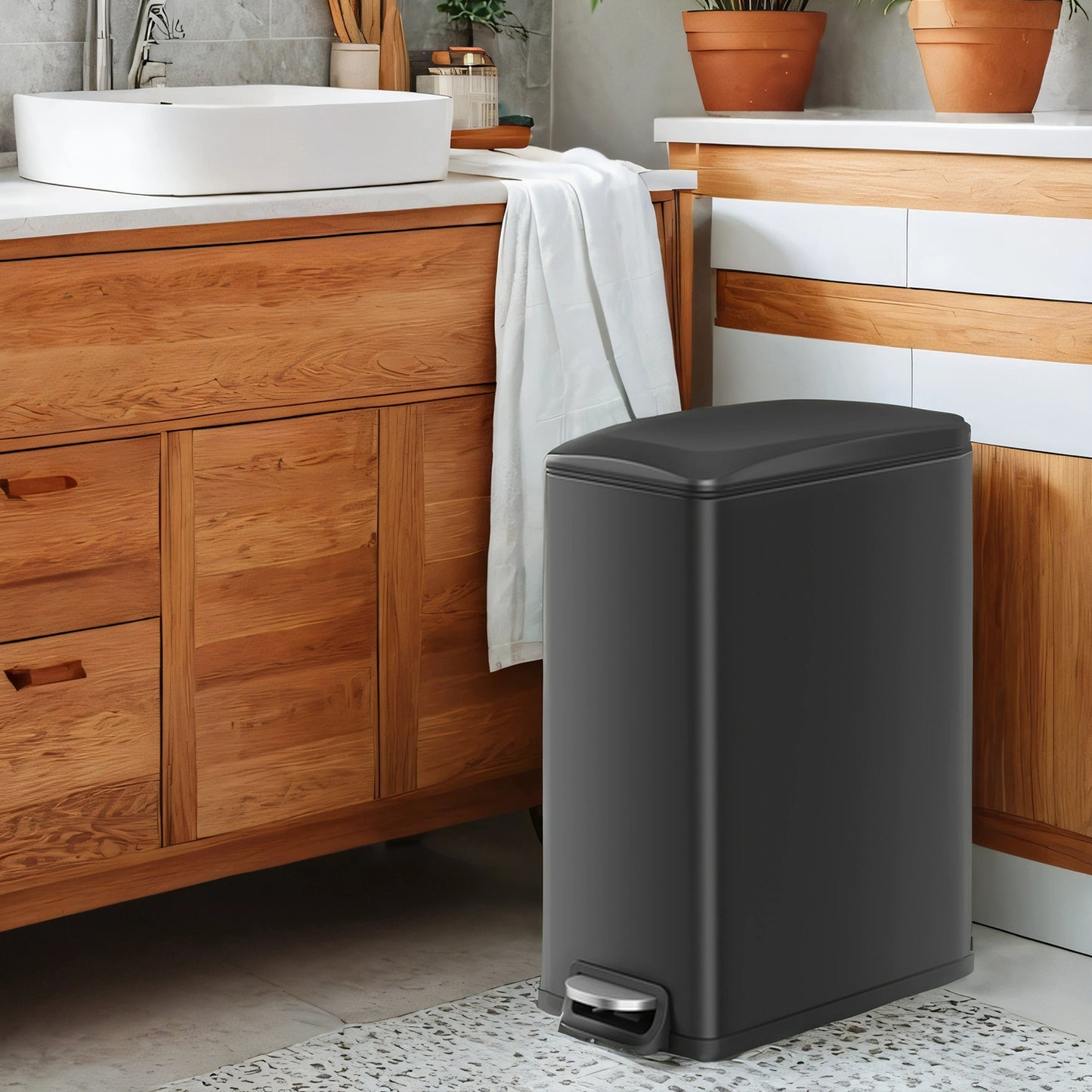 13 Gallon Slim Trash Can, Soft-Close Lid with Inner Bucket & Pedal, Narrow Space Kitchen Bin, Black