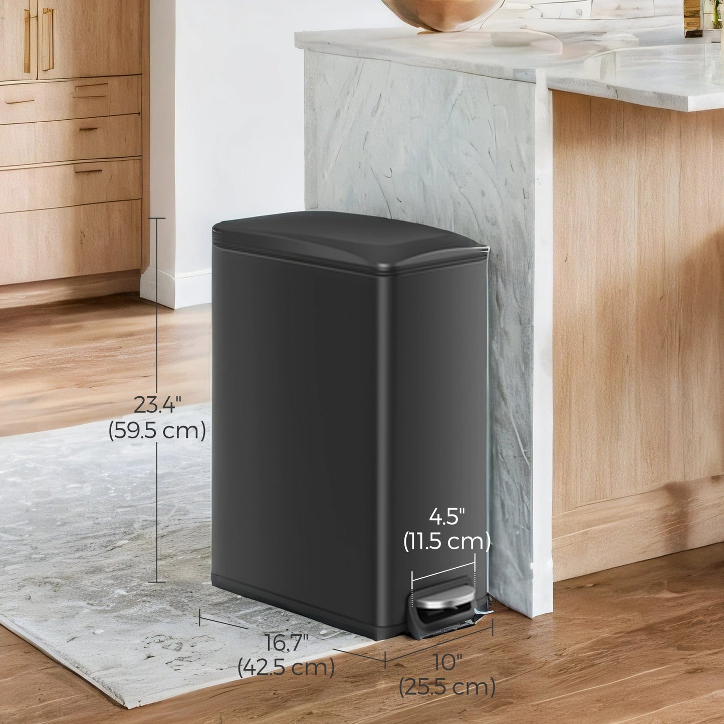 13 Gallon Slim Trash Can, Soft-Close Lid with Inner Bucket & Pedal, Narrow Space Kitchen Bin, Black