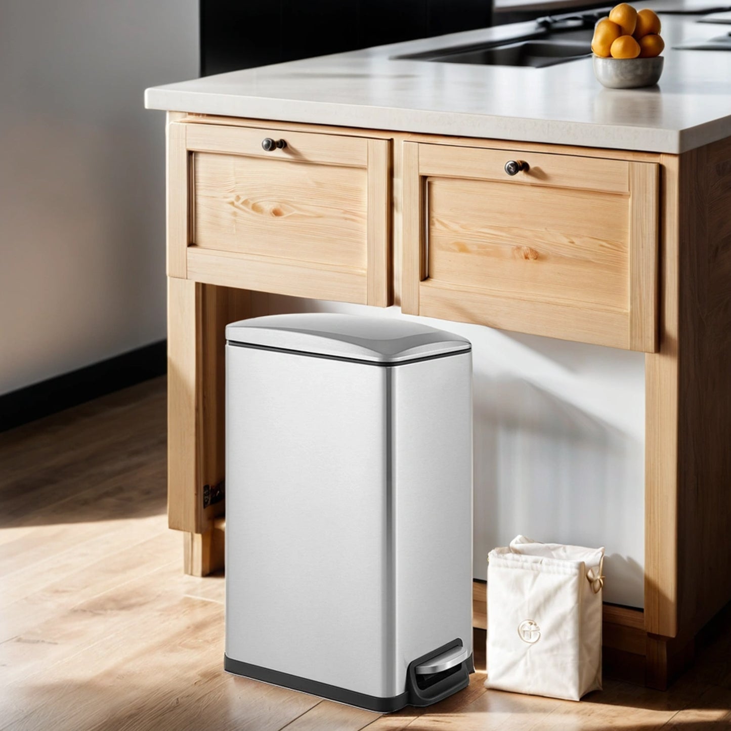 13 Gallon Slim Trash Can, Soft-Close Lid with Inner Bucket & Pedal, Narrow Space Kitchen Bin,Silver