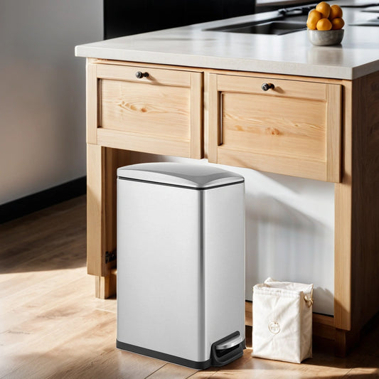 13 Gallon Slim Trash Can, Soft-Close Lid with Inner Bucket & Pedal, Narrow Space Kitchen Bin,Silver