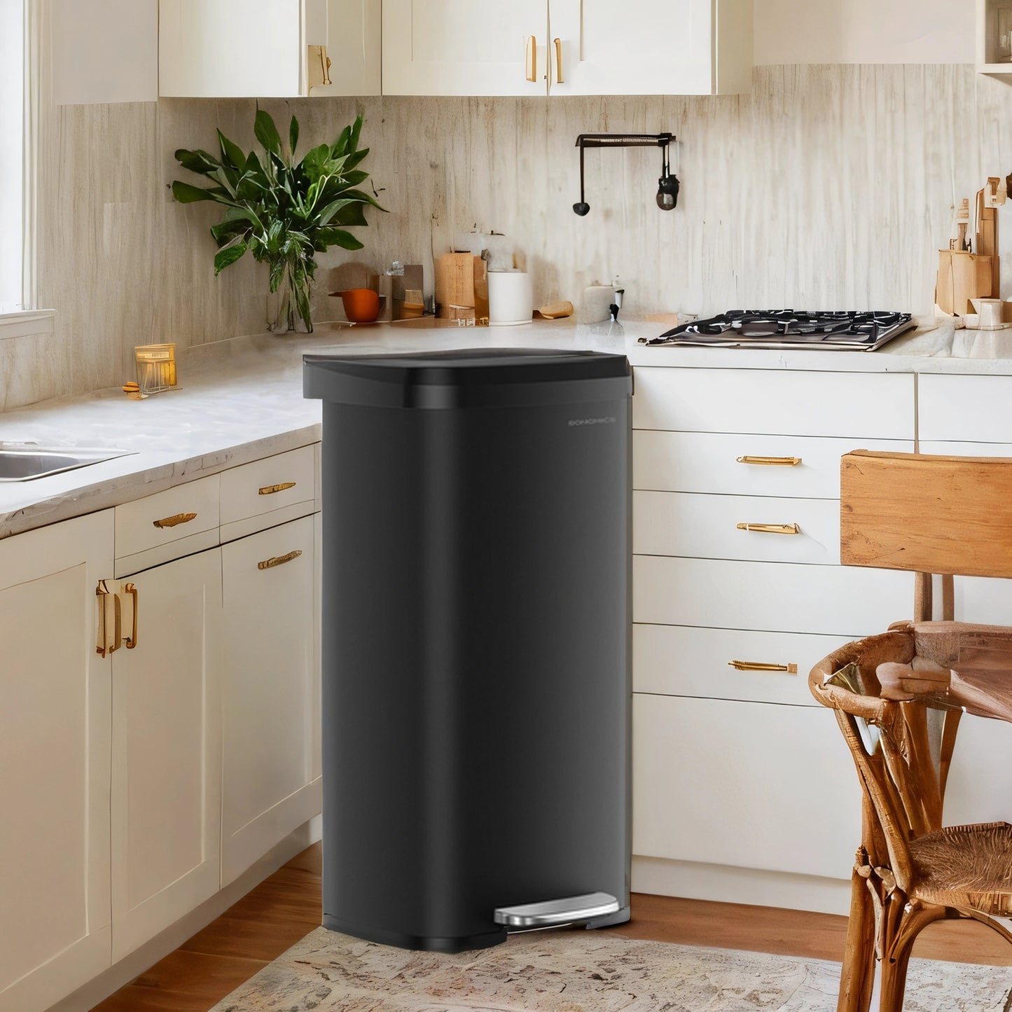 18 Gallon Stainless Steel Kitchen Trash Can, Stay-Open Lid with Step Pedal & Odor Filter, Large Capacity Bin, Black