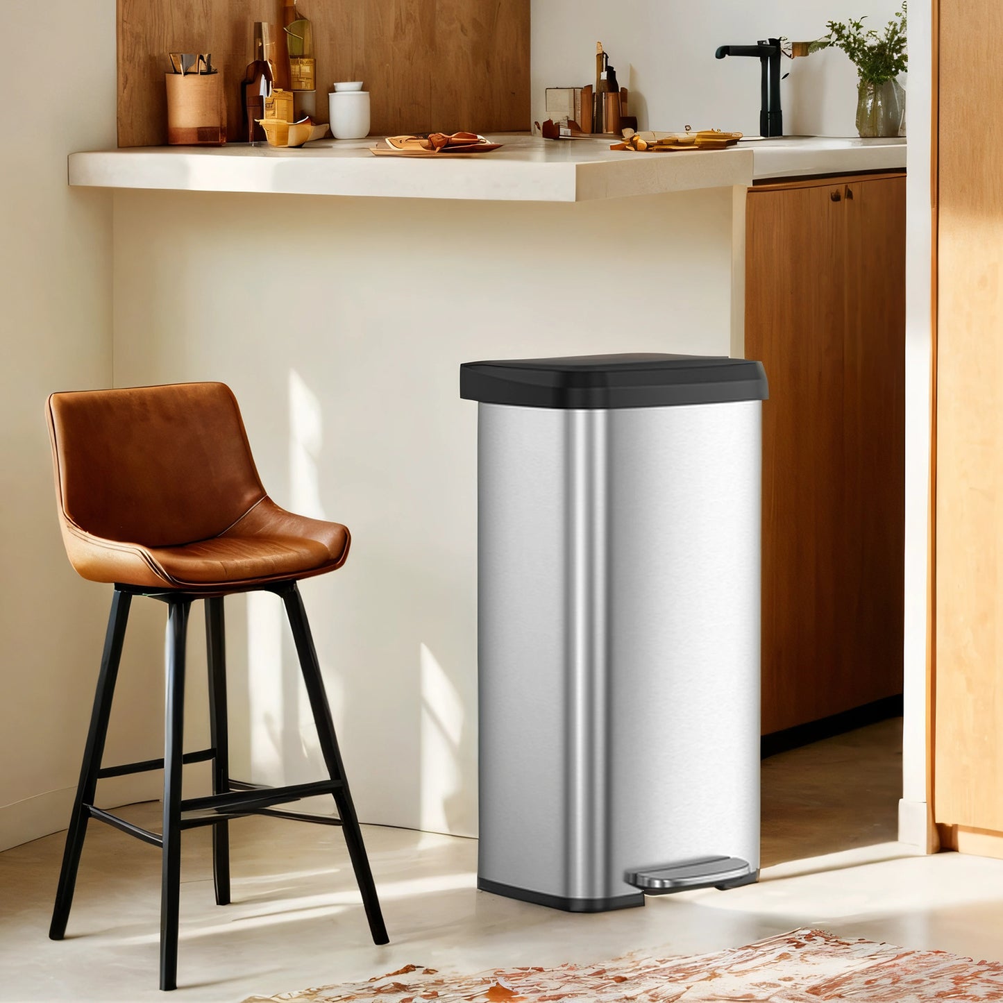 18 Gallon Stainless Steel Kitchen Trash Can, Stay-Open Lid with Step Pedal & Odor Filter, Large Capacity Bin,Silver and Black