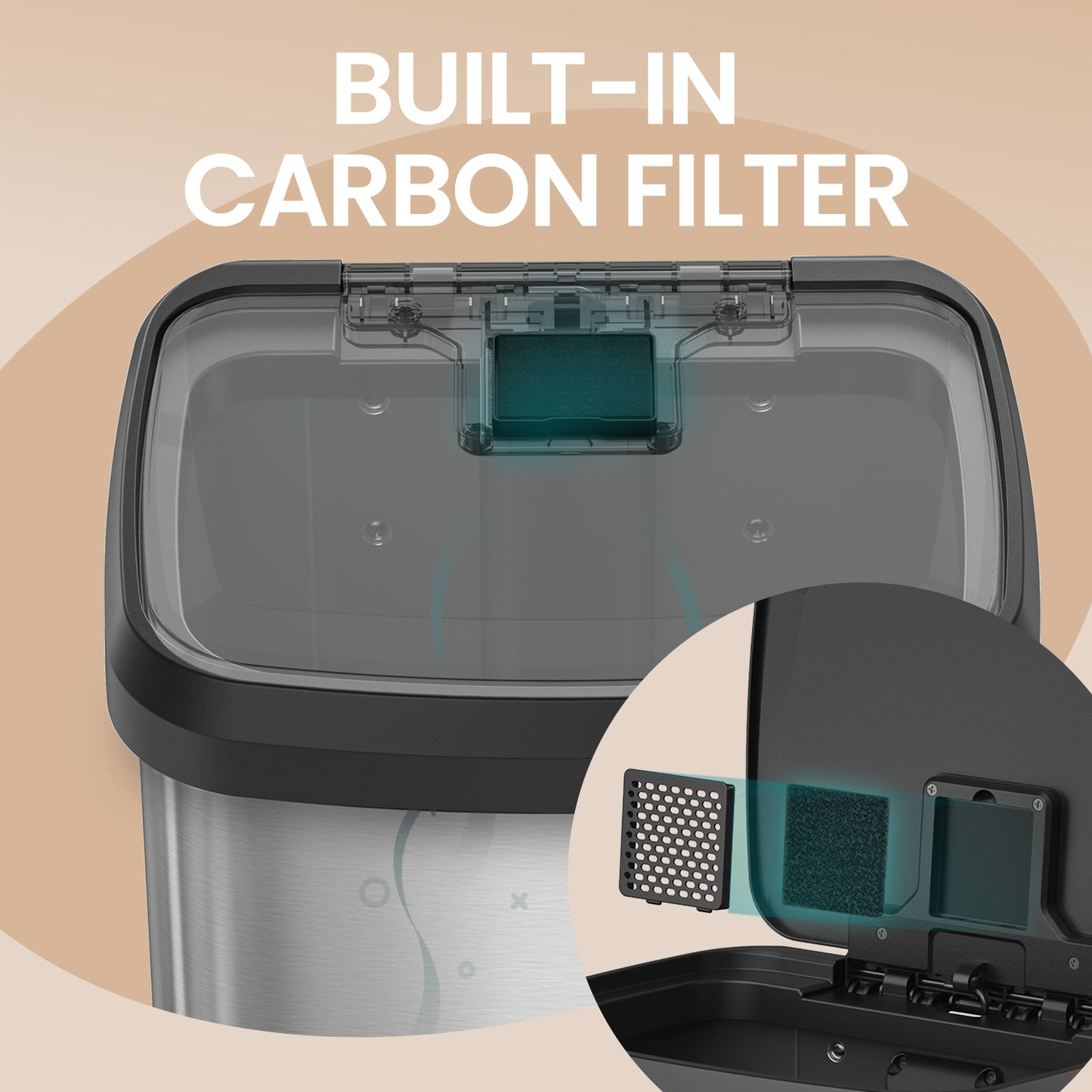 18 Gallon Stainless Steel Kitchen Trash Can, Stay-Open Lid with Step Pedal & Odor Filter, Large Capacity Bin,Silver and Black