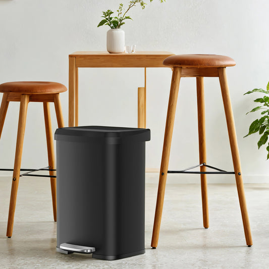 13 Gallon Stainless Steel Kitchen Trash Can, Stay-Open Lid with Step Pedal & Odor Filter, Large Capacity Bin,Black