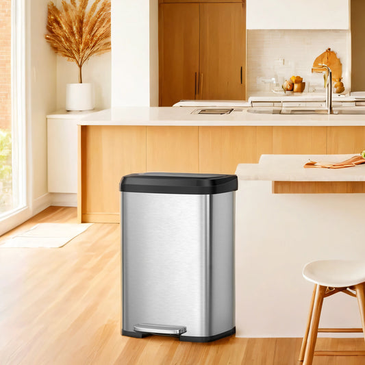 13 Gallon Stainless Steel Kitchen Trash Can, Stay-Open Lid with Step Pedal & Odor Filter, Large Capacity Bin,Silver and Black