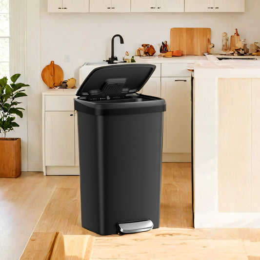 12-Gallon Plastic Trash Can with Stainless Steel Lid, Soft-Close Pedal Bin with Wheels & Carbon Filter,Ink Black