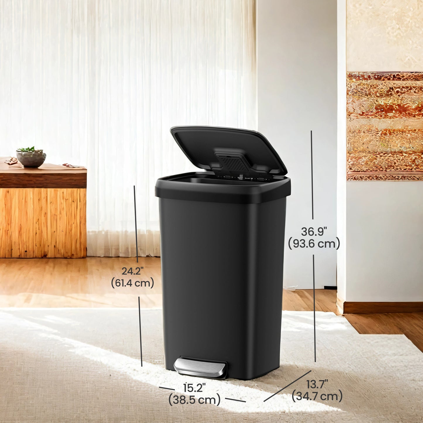 12-Gallon Plastic Trash Can with Stainless Steel Lid, Soft-Close Pedal Bin with Wheels & Carbon Filter,Ink Black
