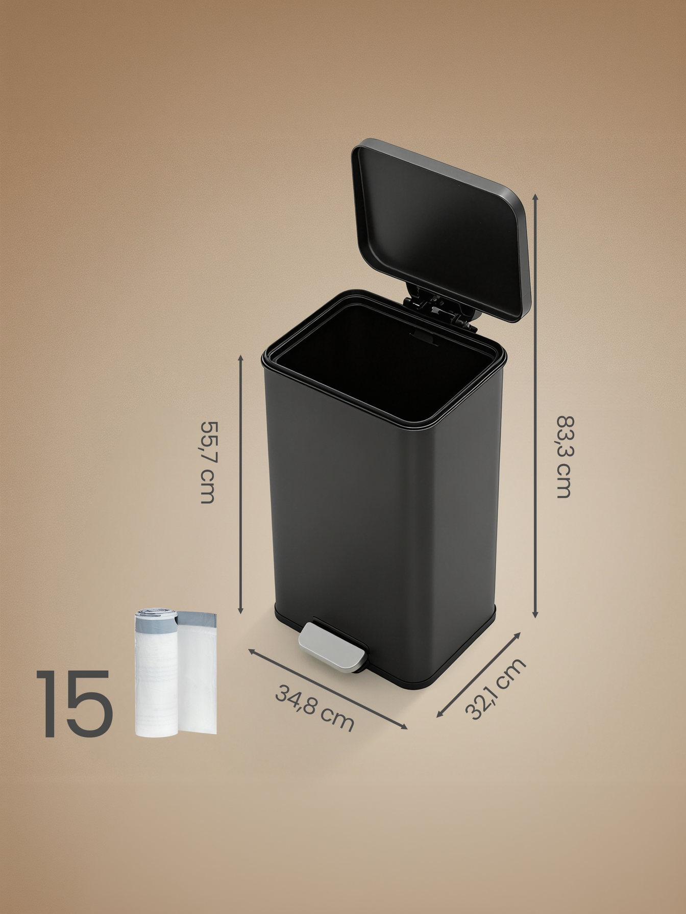 10.5 Gallon Step Trash Can with Soft Close Lid, Stainless Steel Garbage Bin with Stay-Open Feature and 15 Bags, Black