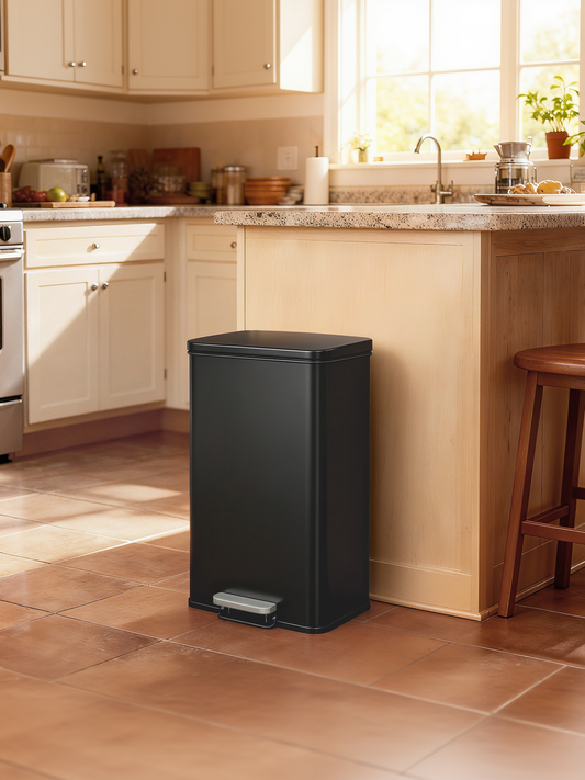 10.5 Gallon Step Trash Can with Soft Close Lid, Stainless Steel Garbage Bin with Stay-Open Feature and 15 Bags, Black