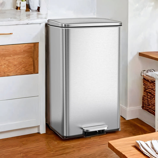 10.5 Gal Step Kitchen Trash Can, Soft-Close Lid, Bag Retainer Ring, Includes 15 Trash Bags, Space Efficient, Stainless Steel，Silver