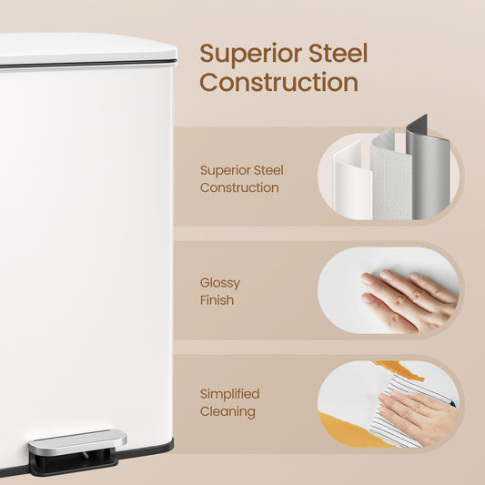 10.5 Gal Step Kitchen Trash Can, Soft-Close Lid, Bag Retainer Ring, Includes 15 Trash Bags, Space Efficient, Stainless Steel，Silver，White