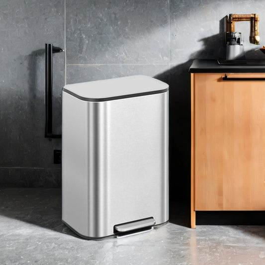 13-Gallon Step Trash Can, Soft-Close Stay-Open Lid, Inner Bucket, Anti-Slip Base, Family Kitchen Stainless Steel Bin,Metallic Silver