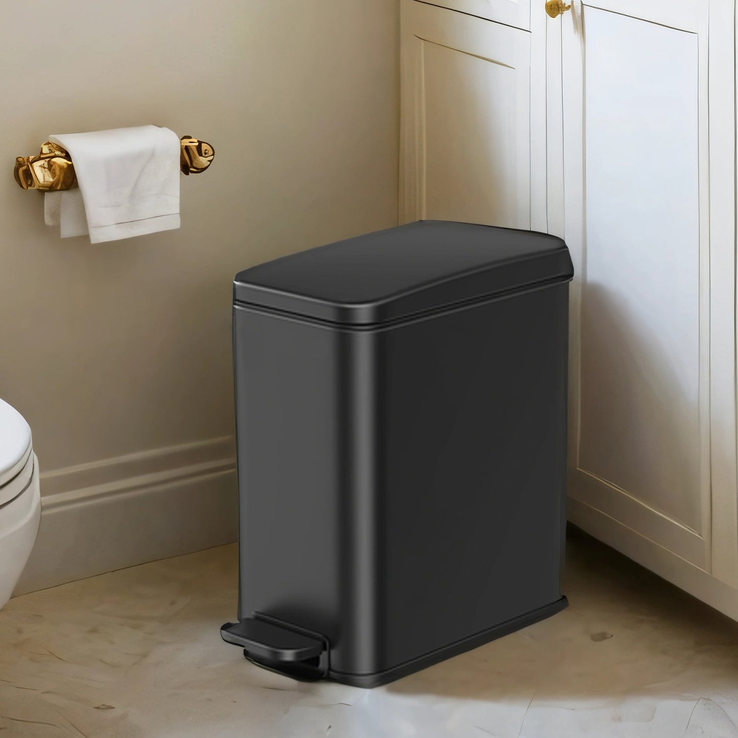 1.3 Gal Slim Step Bathroom Trash Can, Soft-Close Lid, Removable Bucket, Space-Saving Stainless Steel Bin,Black