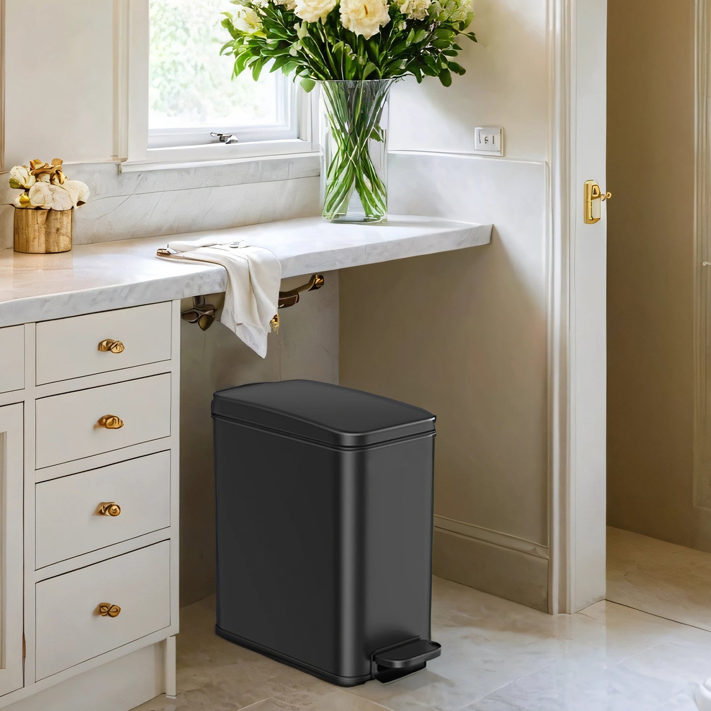 1.3 Gal Slim Step Bathroom Trash Can, Soft-Close Lid, Removable Bucket, Space-Saving Stainless Steel Bin,Black