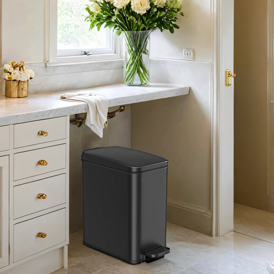 1.3 Gal Slim Step Bathroom Trash Can, Soft-Close Lid, Removable Bucket, Space-Saving Stainless Steel Bin,Black