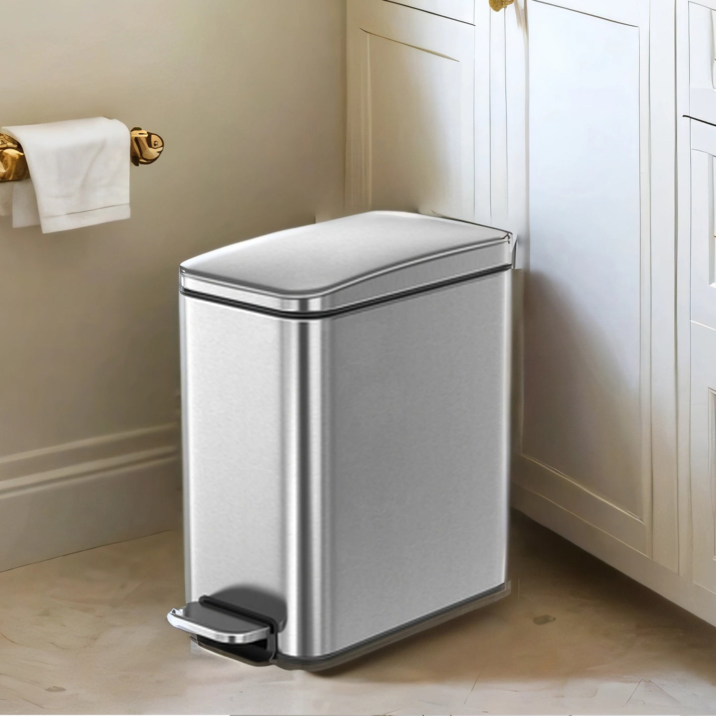 1.3 Gal Slim Step Bathroom Trash Can, Soft-Close Lid, Removable Bucket, Space-Saving Stainless Steel Bin,Silver