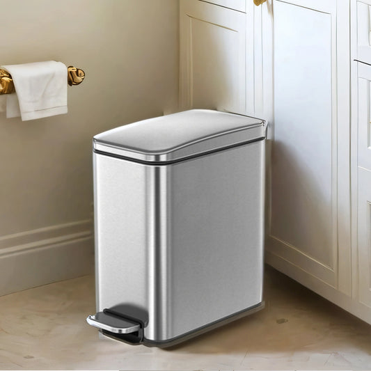 1.3 Gal Slim Step Bathroom Trash Can, Soft-Close Lid, Removable Bucket, Space-Saving Stainless Steel Bin,Silver